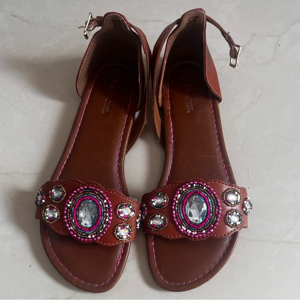 Cherokee Brown and Red Beaded Sandals
